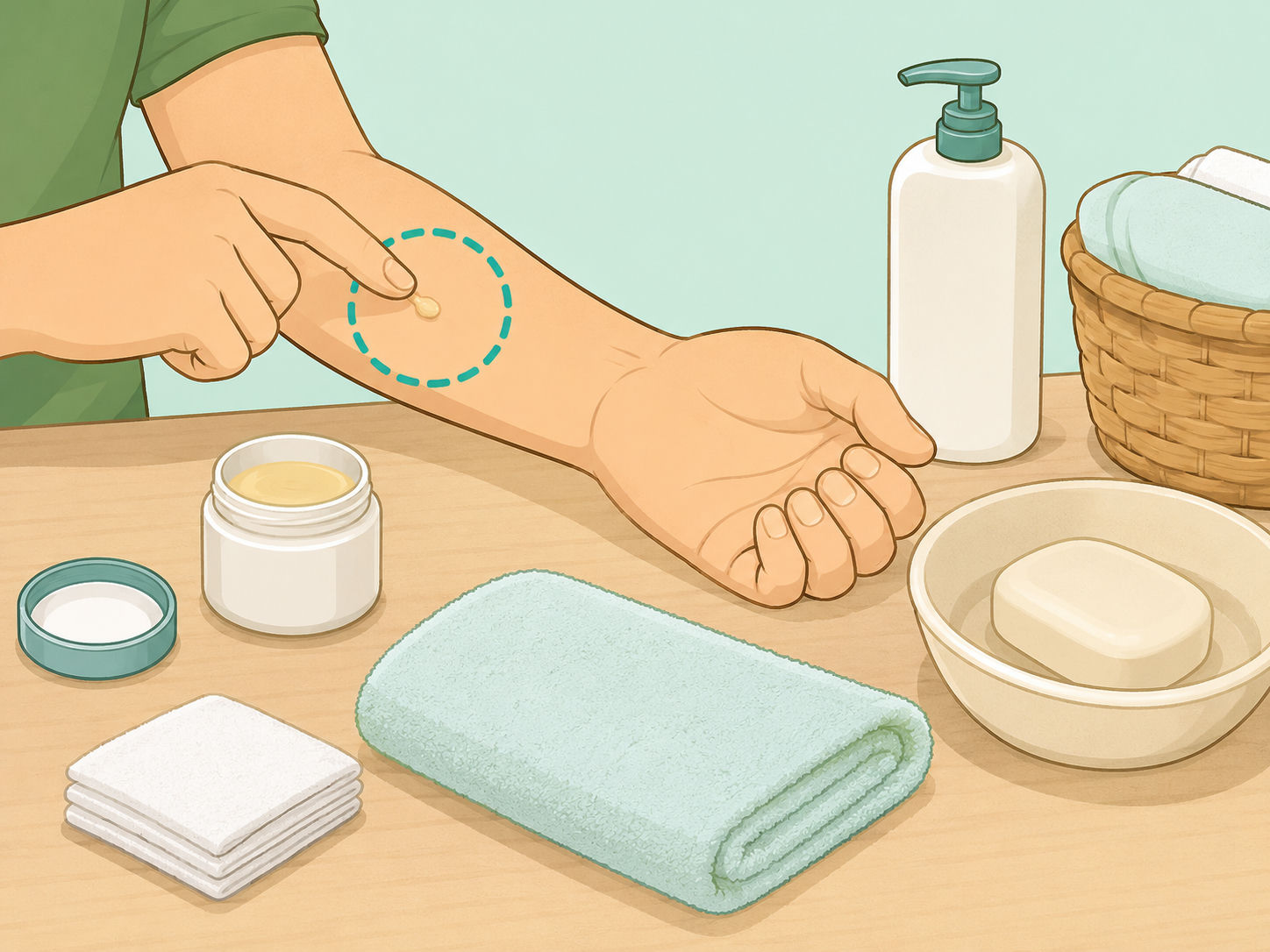 A person patch-testing a small amount of balm on the forearm beside simple safety items.