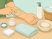 A person patch-testing a small amount of balm on the forearm beside simple safety items.