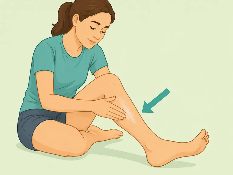 A person gently massaging balm into a sore calf muscle.