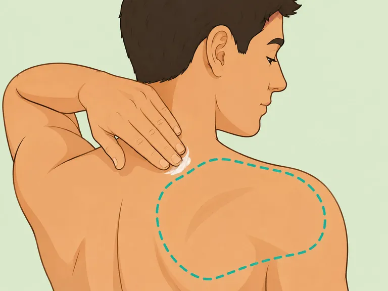 A person applying balm to a stiff shoulder and neck area.