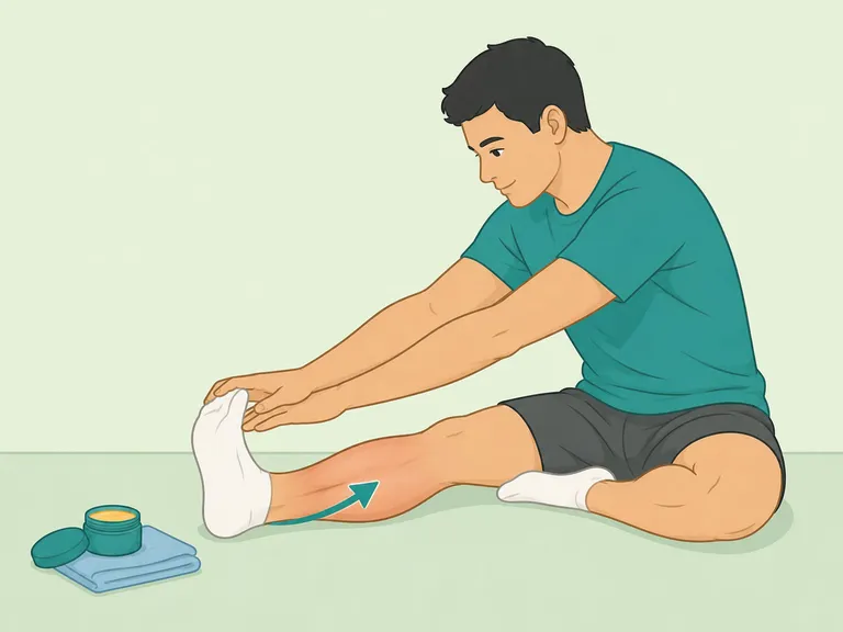 A person gently stretching a leg after applying balm to a tight muscle.