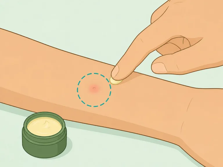 A hand carefully applying a tiny amount of balm near a small intact bug bite.
