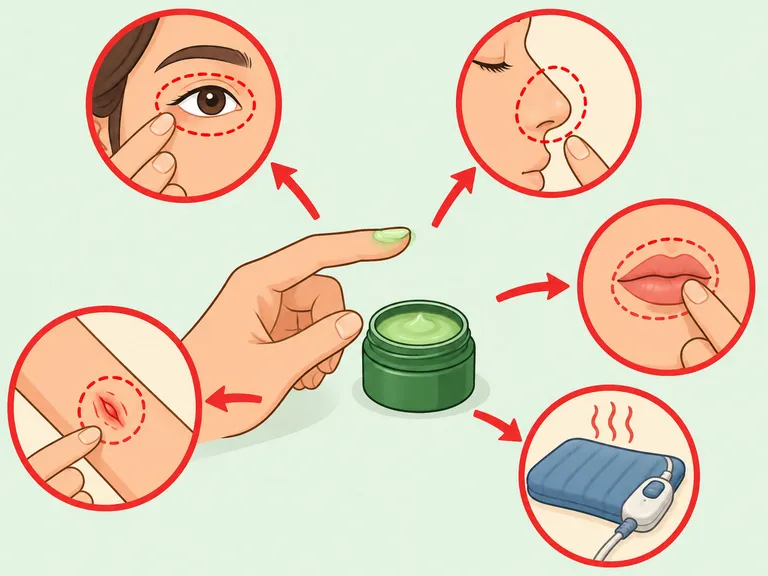 A safety illustration showing balm kept away from the face, broken skin, and heat.