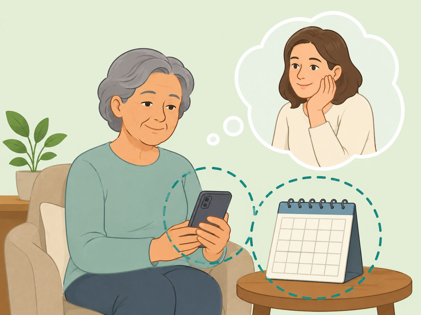 Older parent reflecting calmly about fewer visits from an adult child.