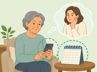 Older parent reflecting calmly about fewer visits from an adult child.