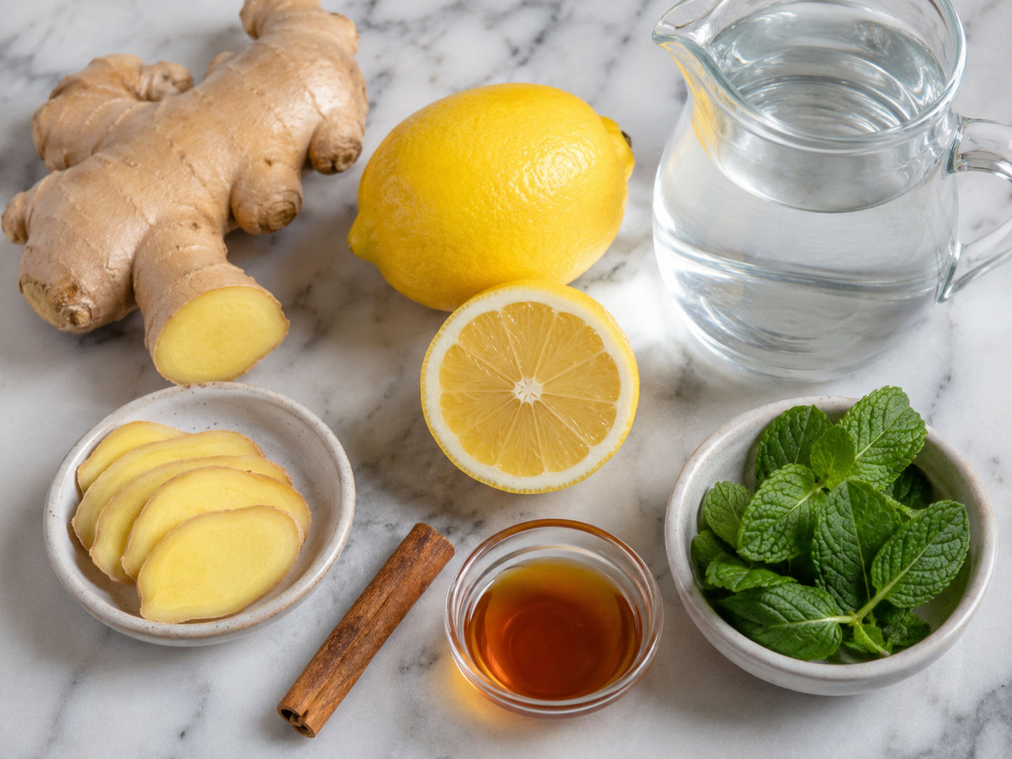 Fresh ginger, lemon, cinnamon, mint, maple syrup, and water for ginger lemon drink