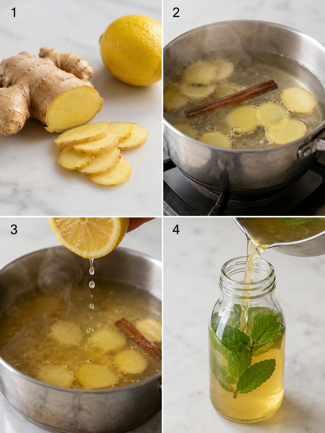 Four steps for making ginger lemon water from slicing to bottling