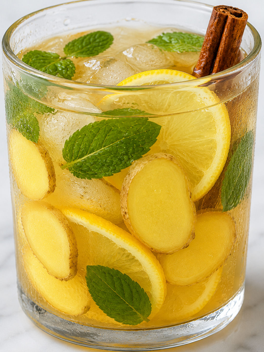 Chilled ginger lemon water with ice, mint, lemon, ginger slices, and cinnamon