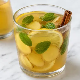 Ginger lemon water with mint, lemon slices, and cinnamon in a clear glass