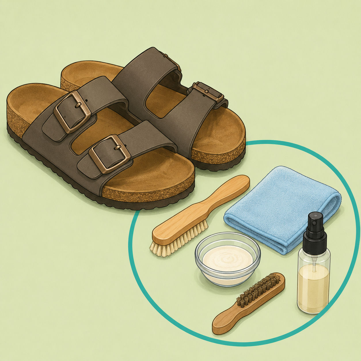 Illustration of Birkenstock-style sandals with gentle cleaning tools.