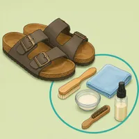 Illustration of Birkenstock-style sandals with gentle cleaning tools.
