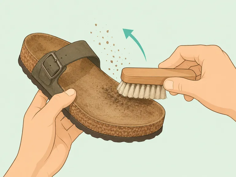 Hands brushing loose dirt from a cork sandal footbed.