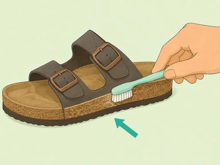 A toothbrush gently scrubbing the cork edge of a sandal.