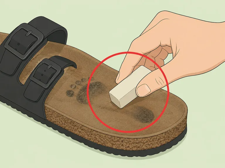 A suede eraser gently treating dark footprint marks on a footbed.