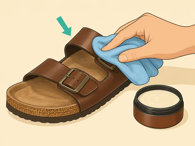 Leather sandal straps being wiped and conditioned gently.