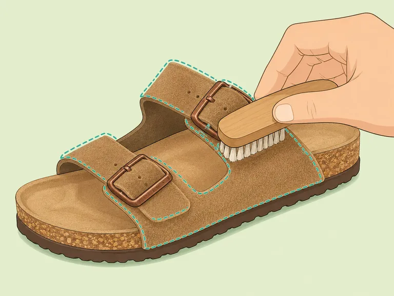 Suede sandal straps brushed dry with a suede brush.