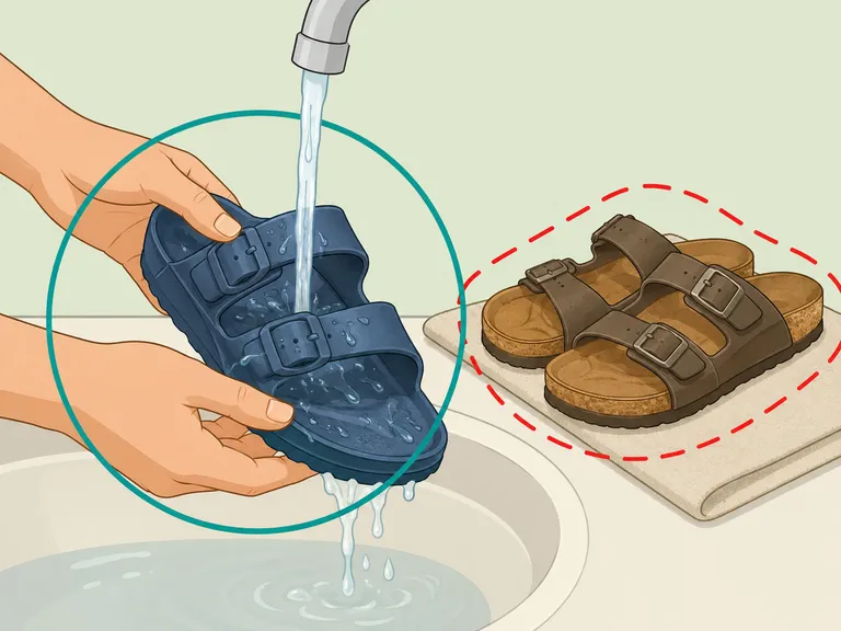 An EVA sandal rinsed while cork sandals are kept away from water.