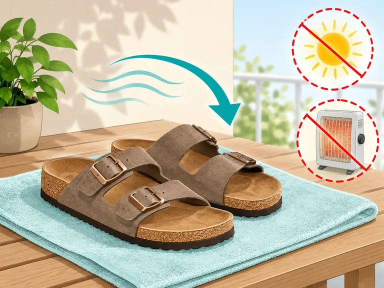 Cleaned sandals air-drying in shade away from heat.