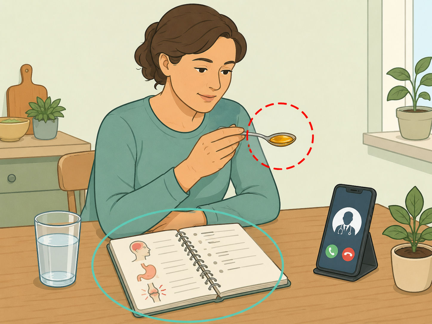 Person evaluating a morning remedy with a symptom notebook and medical guidance.