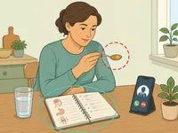 Person evaluating a morning remedy with a symptom notebook and medical guidance.