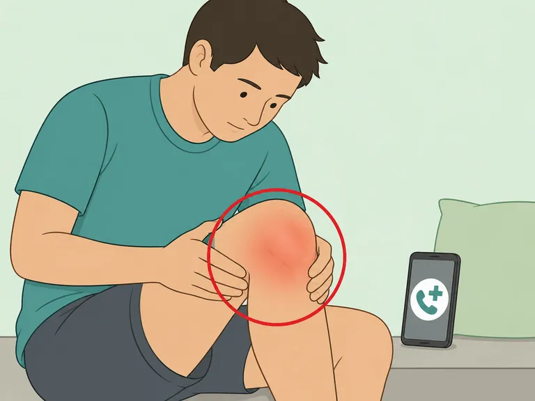 Person checking a sore swollen knee for warning signs.