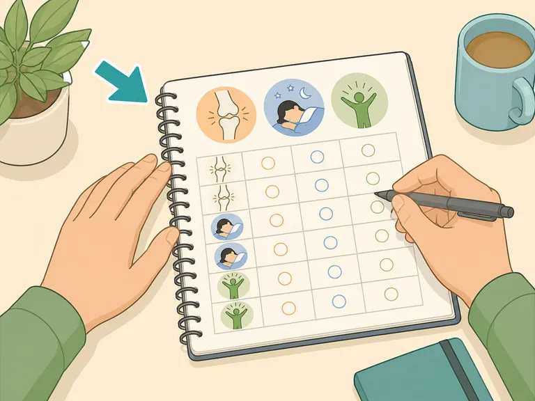Hands tracking joint pain and fatigue in a symptom diary.
