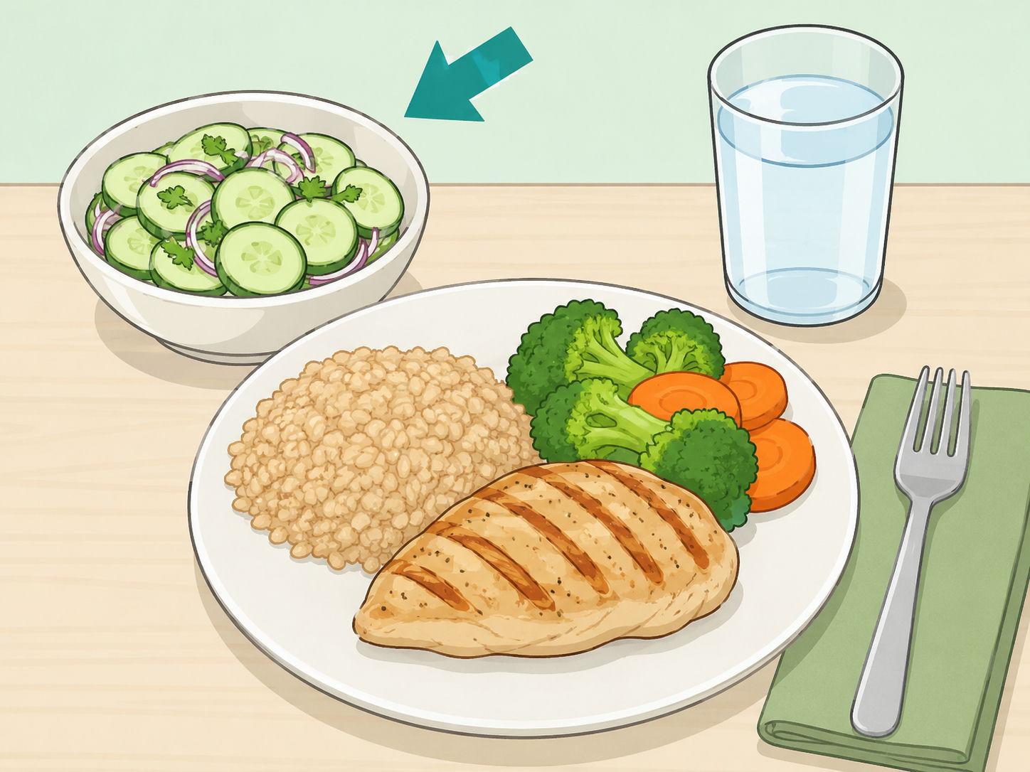 A balanced meal with cucumber salad shown as one healthy side dish.
