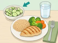 A balanced meal with cucumber salad shown as one healthy side dish.
