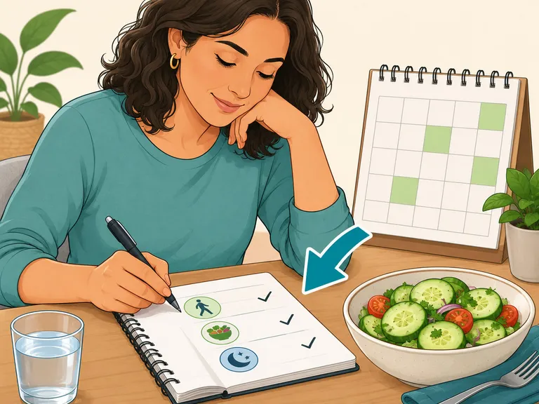 A person setting a realistic weight-loss goal beside a cucumber salad.