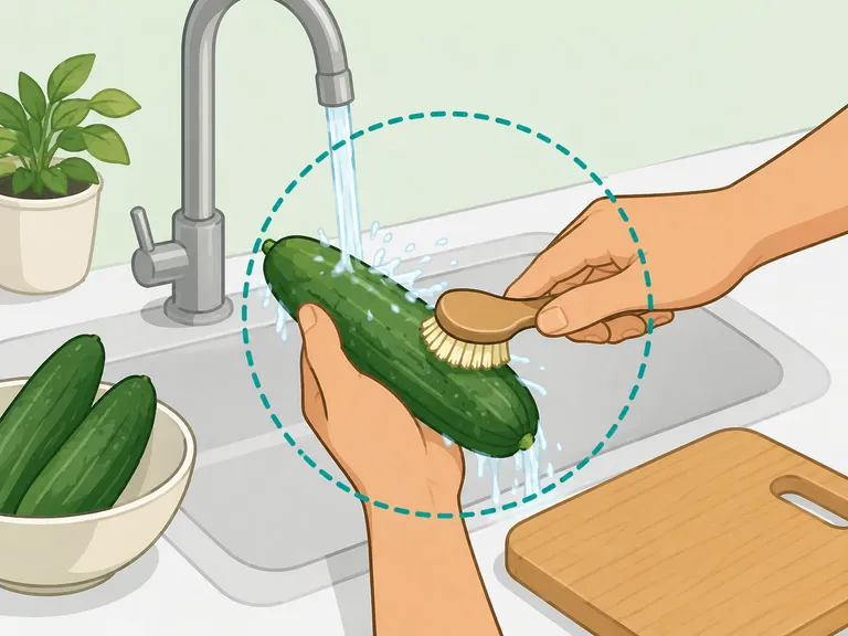 Hands washing a cucumber with a produce brush before slicing.
