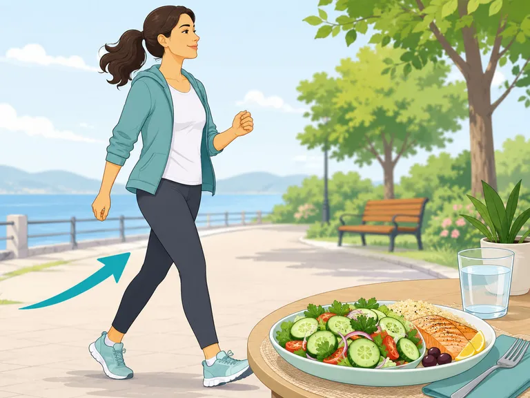 A person pairing healthy meals with regular walking.