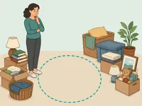 Illustration of a person calmly observing cluttered household objects with a safe path highlighted.
