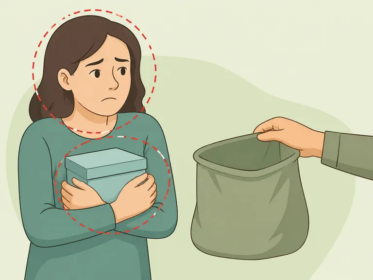 Person feeling distressed while deciding whether to discard an object.
