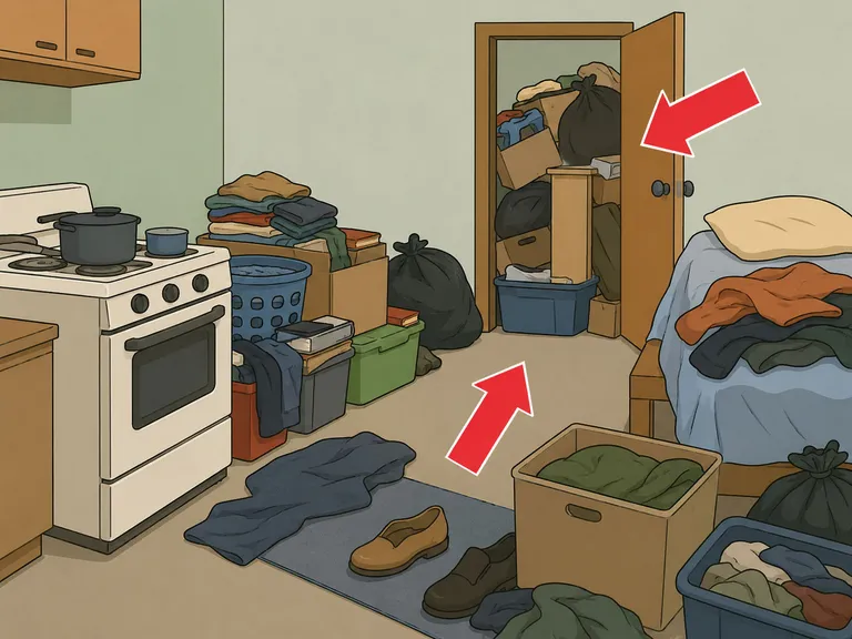 Clutter blocking daily activities and creating safety risks in a room.