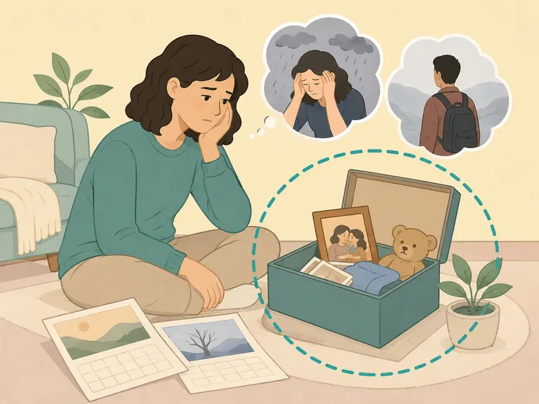 Person reflecting on memories and life changes connected with saved items.