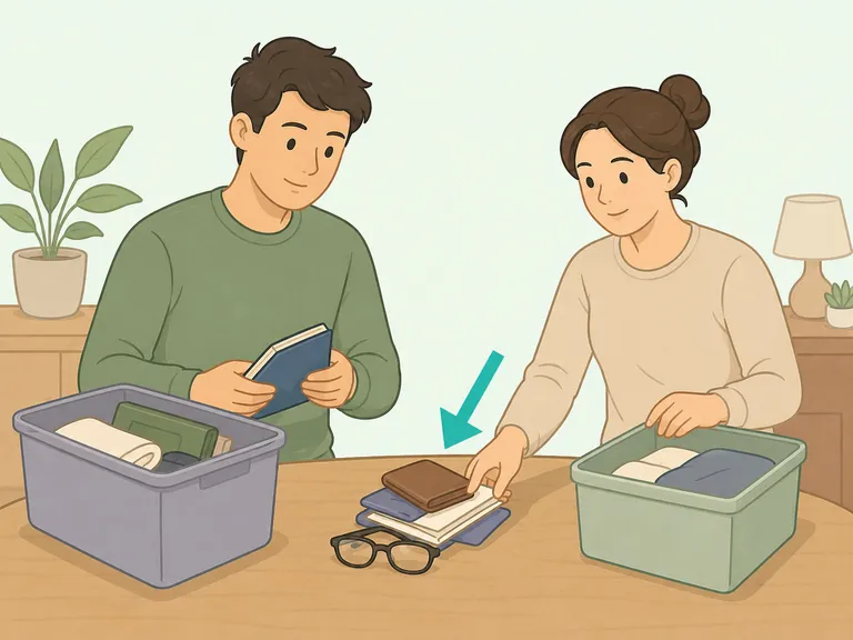 Two people gently sorting a small area of clutter together.