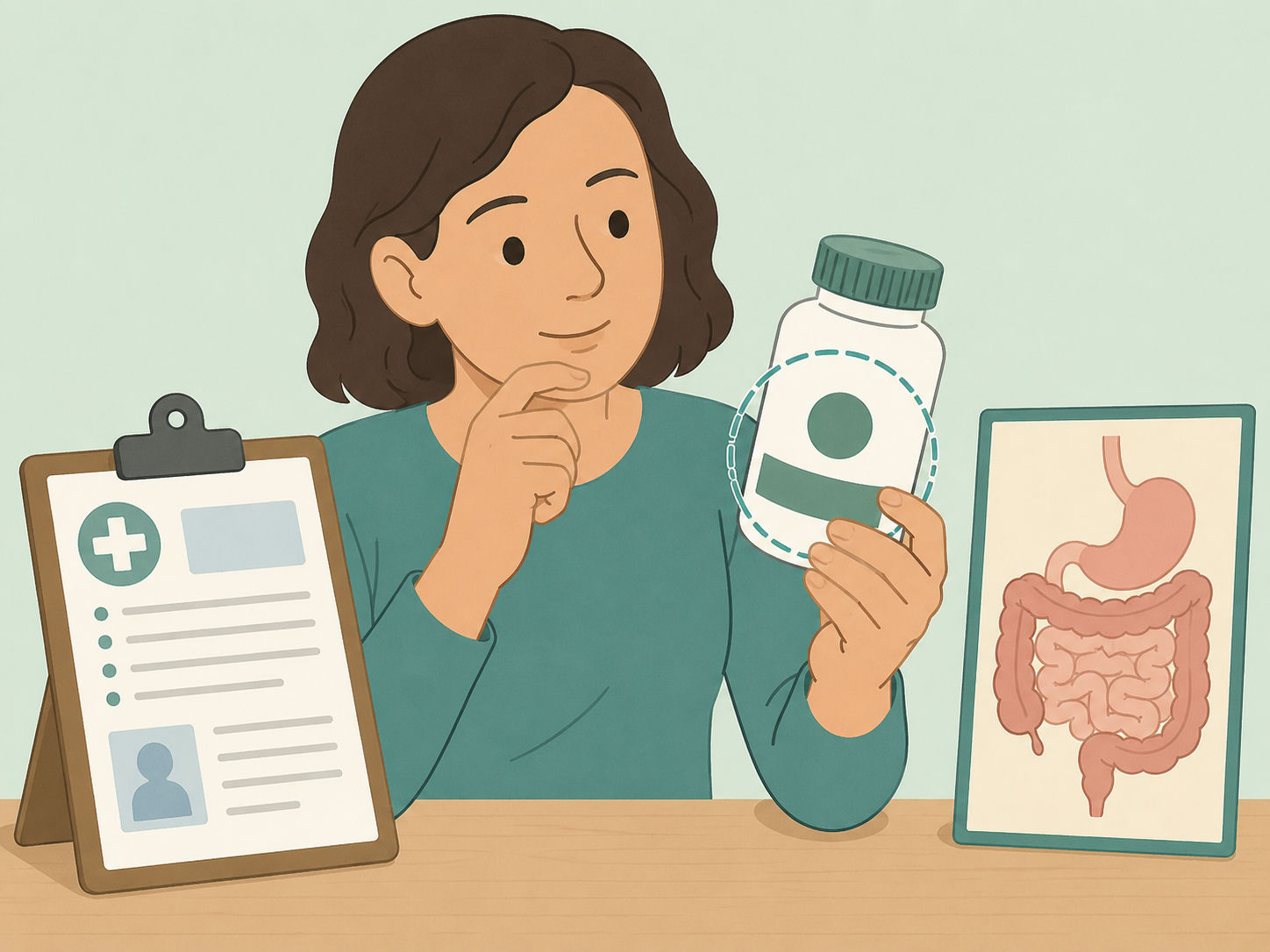 Illustration of a person checking a supplement label beside a medical clipboard and digestive icon.