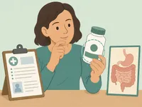 Illustration of a person checking a supplement label beside a medical clipboard and digestive icon.