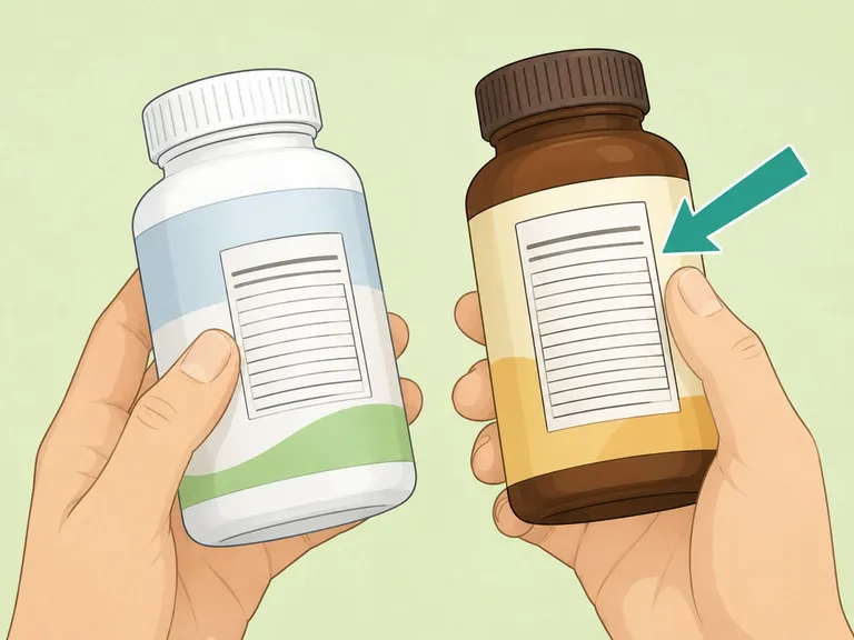 Hands checking the ingredient panel on supplement bottles.