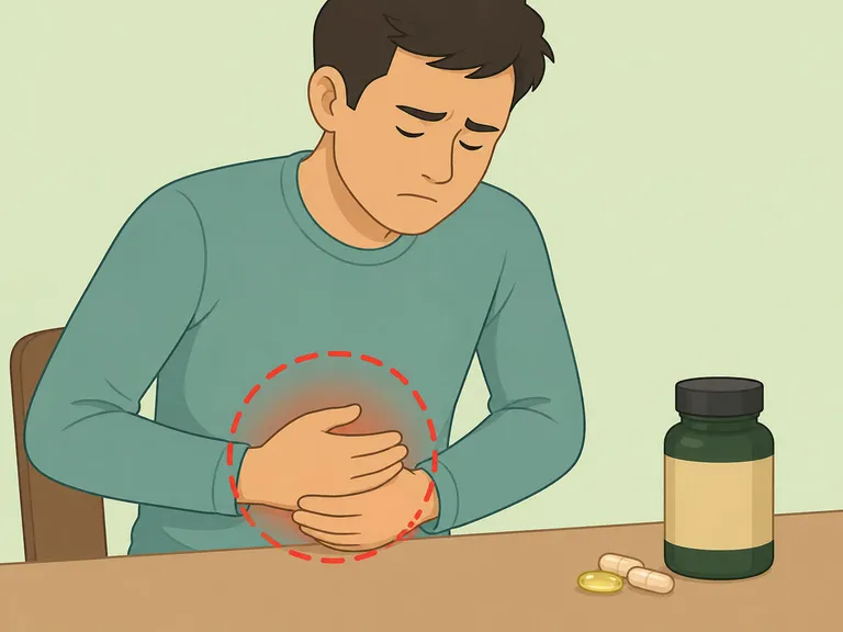 Person noticing digestive side effects and setting a supplement aside.