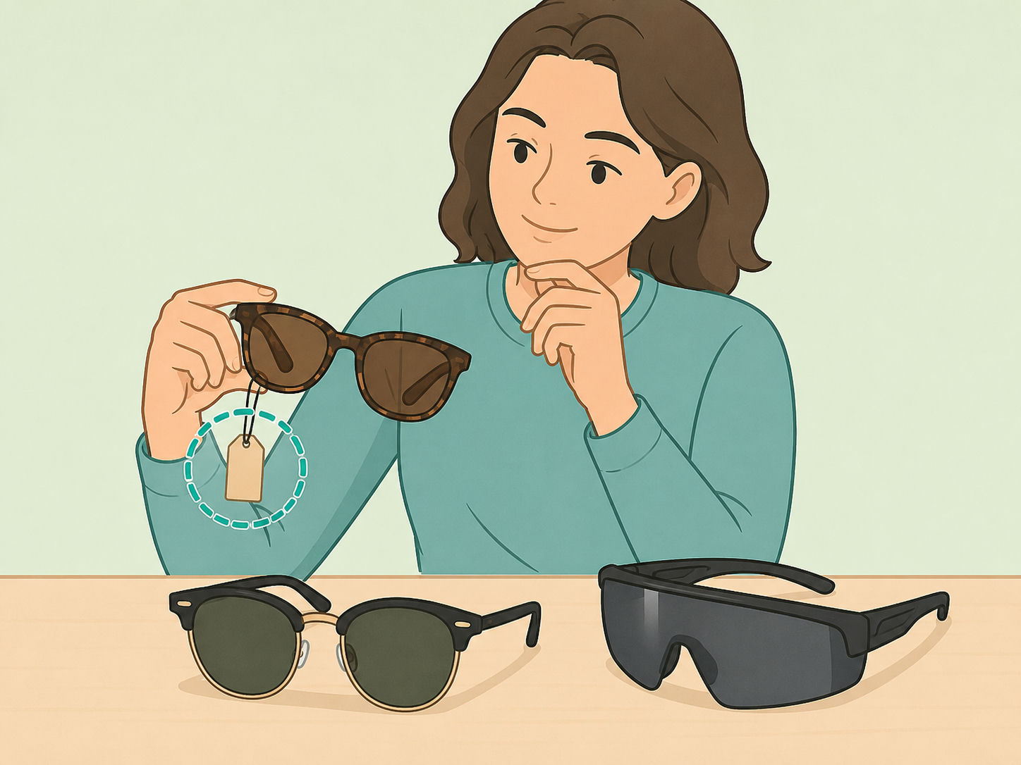 Person comparing protective sunglasses and highlighting the UV label.