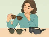 Person comparing protective sunglasses and highlighting the UV label.