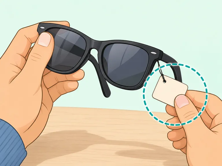 Hands checking the UV protection label on sunglasses.