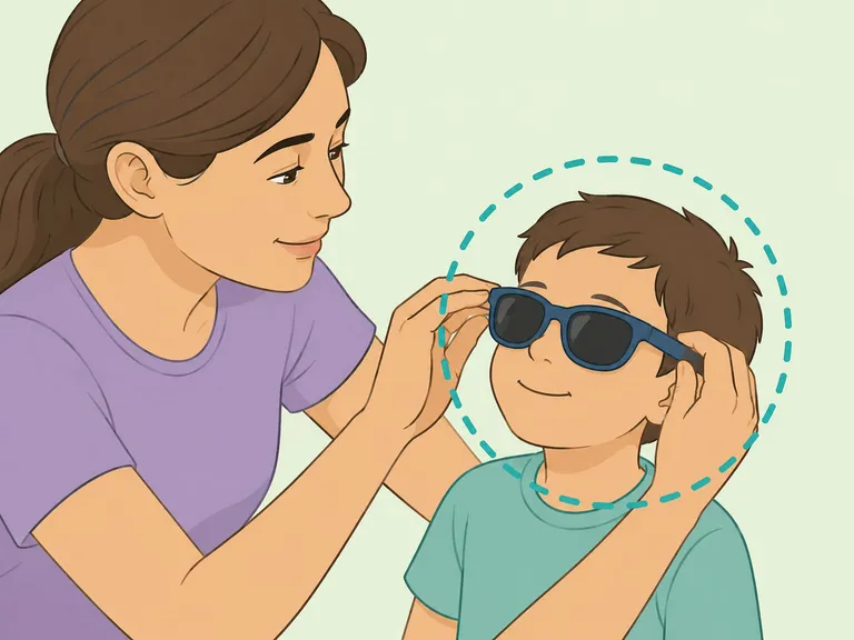 Adult helping a child wear properly fitted protective sunglasses.