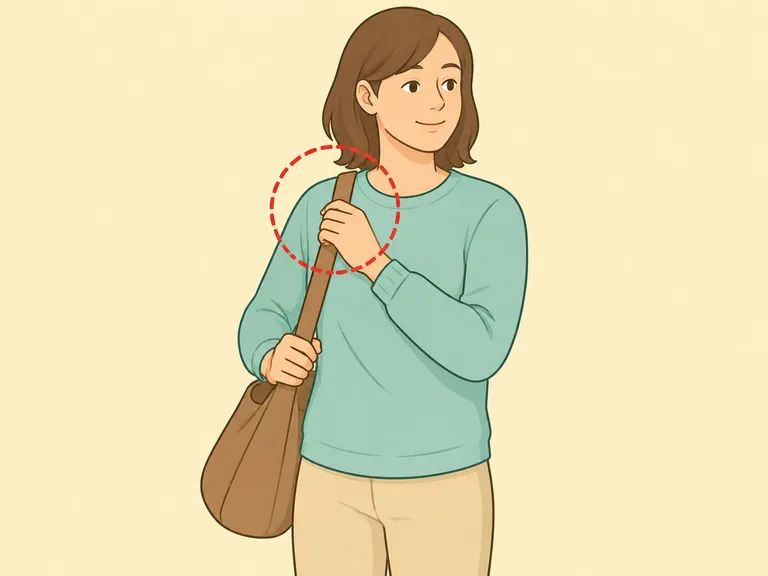 Person carrying a shoulder bag while noticing shoulder comfort.