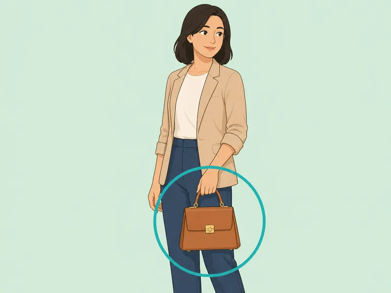 Person carrying a structured handbag by the handle in a polished way.