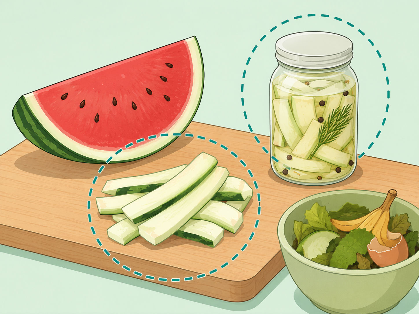 Watermelon rind being saved for pickling, cooking, and composting instead of being thrown away.