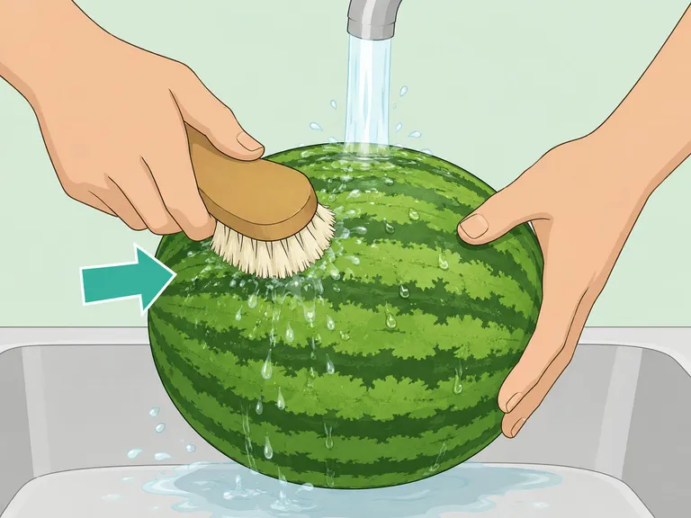 Hands washing a whole watermelon with a produce brush before cutting.