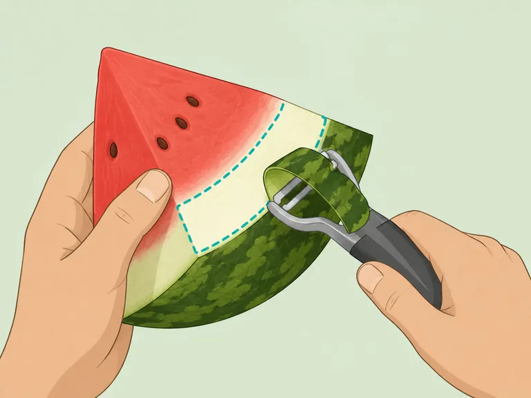 Peeling away the green watermelon skin to save the white rind.