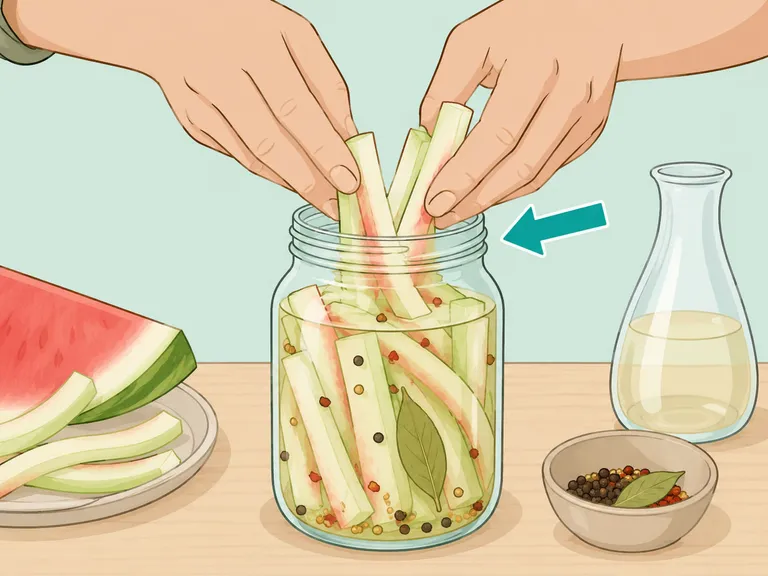 Watermelon rind strips being packed into a jar for pickling.